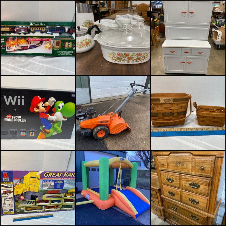Image for Vanderbilt, PA — Downsizing Auction: Yardmax Rototiller, Tools, Furniture, Electronics, Toys, Trains, Bounce House, Sleds, Pyrex, Household Items, Appliances, Costume Jewelry, Collectibles, Longaberger & More!