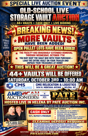 Special Event! Live Storage Vault Auction ~ 44 Plus More Vaults Will Be Offered, More Vaults Have Been Added, Open Pallet Lots Have Been Added, Over 70 Lots!