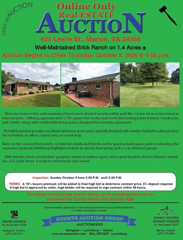 Image for ONLINE ONLY REAL ESTATE BRICK RANCH ON 1.4 ACRES Marion, VA