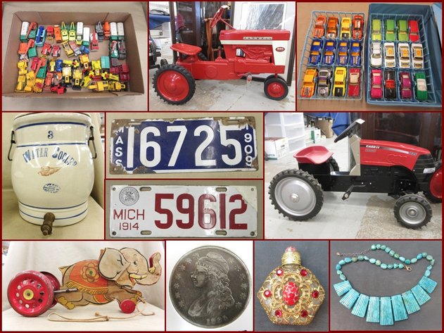 Pedal Tractors, License Plates, Matchbox, Sterling, Tootsie Toys and Antiques(gold tag)