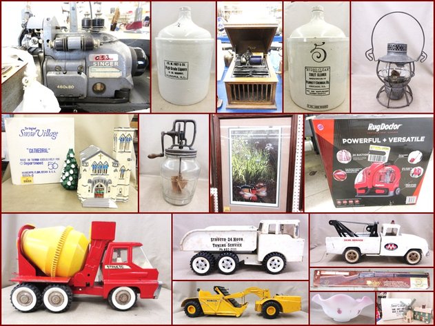 Commercial Sewing Machine, Dept. 56, Fine Glassware, Christmas and Antiques (gold tag)