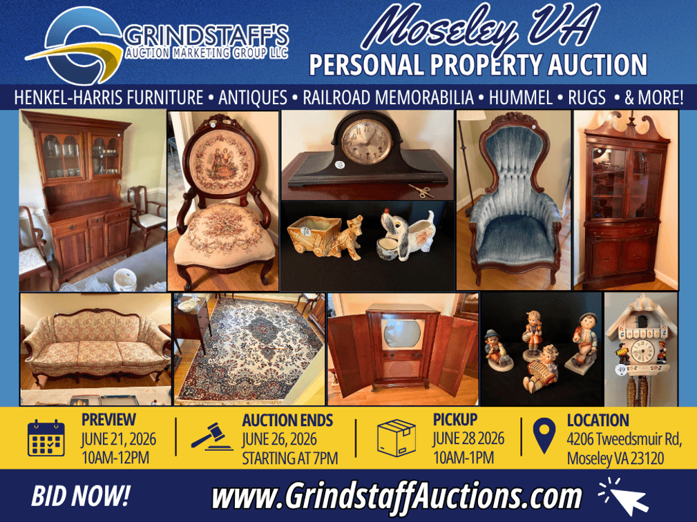 Image for Moseley, VA Estate Auction | Antiques, Henkel-Harris, Railroad Collectibles & Fine Furnishings