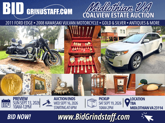 Image for Coalview Estate Auction – Motorcycle, Gold, Silver, Coins & Antiques | By Our Sister Company BidGrindstaff