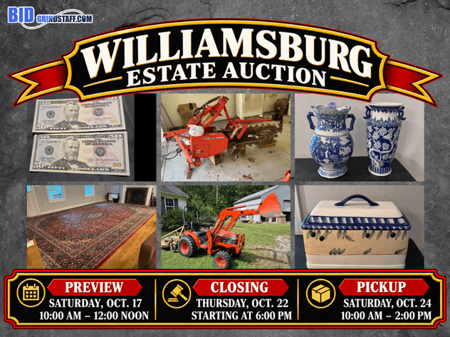 Image for WILLIAMSBURG ESTATE AUCTION – KUBOTA TRACTOR, TOOLS, SILVER, COINS & COLLECTIBLES | By Our Sister Company BidGrindstaff