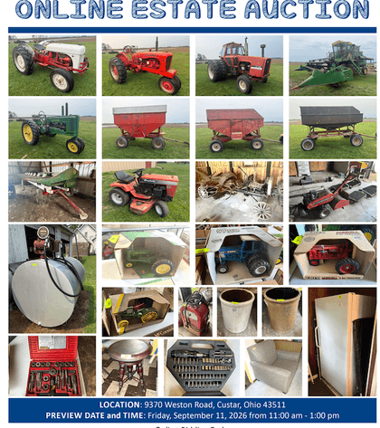 Image for (Custar OH) (4) Tractors, John Deere Combine Harvester, Farm Equipment, Vintage Vehicle Parts, Gravity Wagons, Tools, Household (Weston)