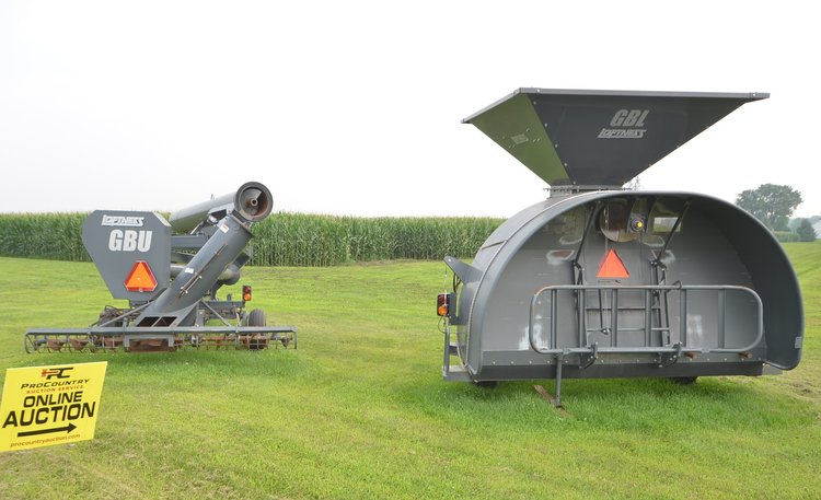 LOFTNESS GRAIN BAG LOADER/UNLOADER, MF 9540 COMBINE, MF CORN HEAD, IH 7300 FLATBED TRUCK