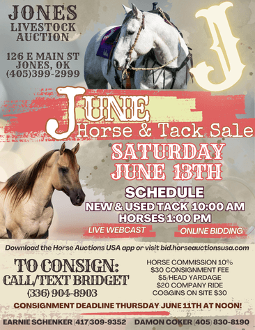 Image for Jones Livestock Auction HORSE & TACK SALE!   SATURDAY, JUNE 13TH