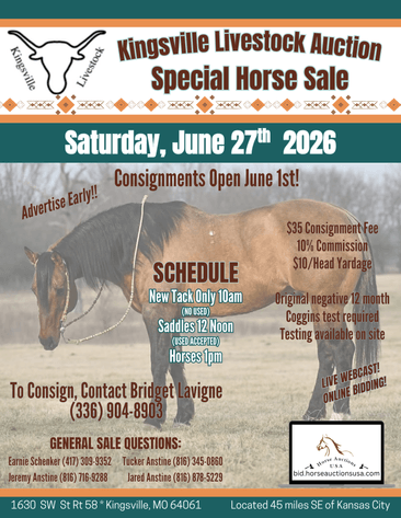 Image for Kingsville Livestock Auction Special Horse Sale - SATURDAY, JUNE 27TH - Kingsville, MO