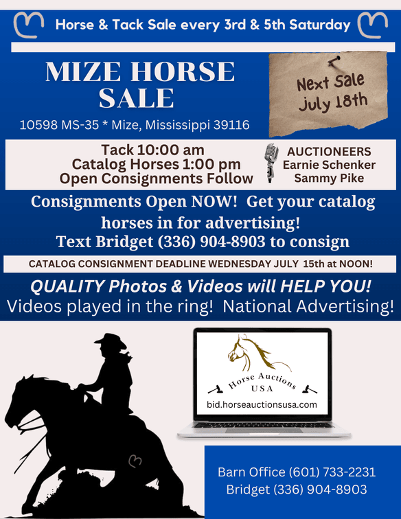 Image for Mize Horse Sale - SATURDAY, JULY 18TH - Mize, Mississippi