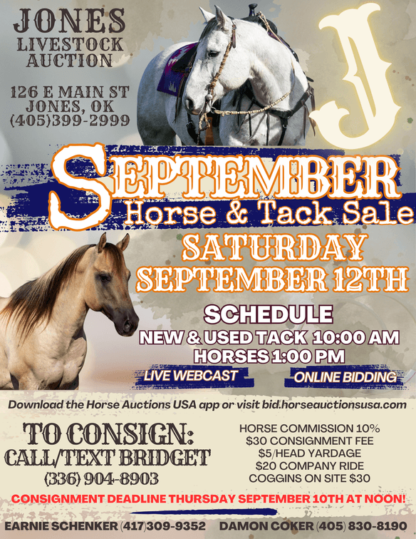Image for Jones Livestock Auction HORSE & TACK SALE!   SATURDAY, SEPTEMBER 12TH