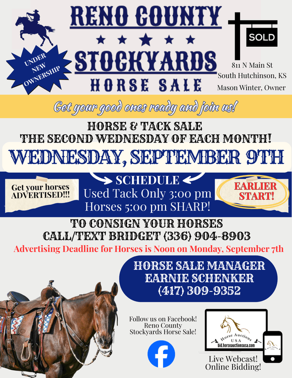 Image for Reno County Stockyards Horse Sale WEDNESDAY, SEPTEMBER 9TH - South Hutchinson, KS