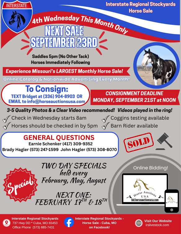 Image for Interstate Regional Stockyards Horse Sale - Cuba, Missouri WEDNESDAY SEPTEMBER 23RD