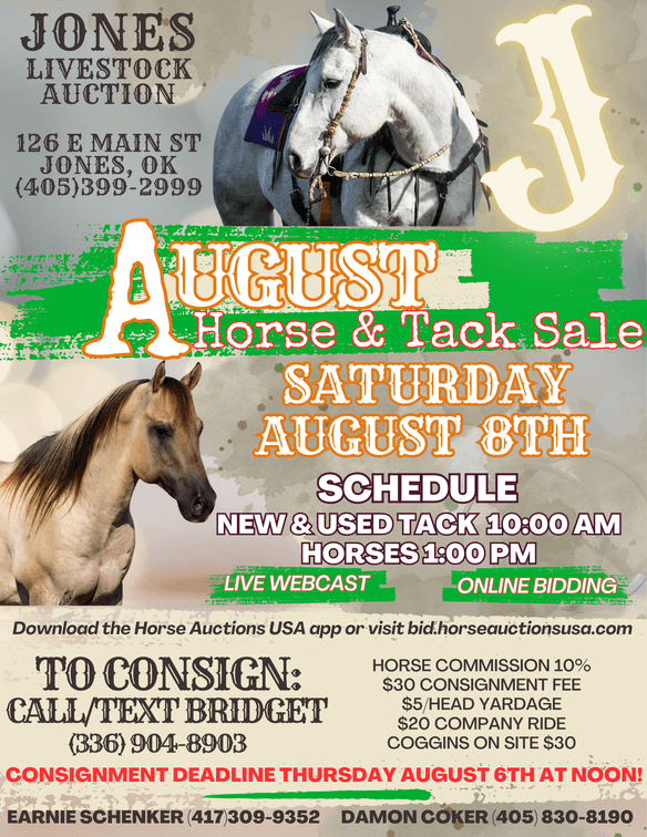 Image for Jones Livestock Auction HORSE & TACK SALE!   SATURDAY, AUGUST 8TH