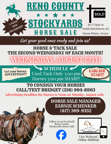 Image for Reno County Stockyards Horse Sale WEDNESDAY, AUGUST 12TH - South Hutchinson, KS