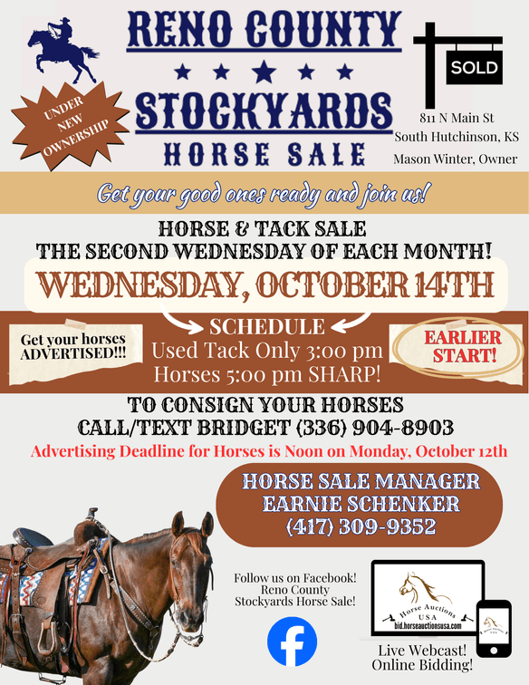 Image for Reno County Stockyards Horse Sale WEDNESDAY, OCTOBER 14TH - South Hutchinson, KS