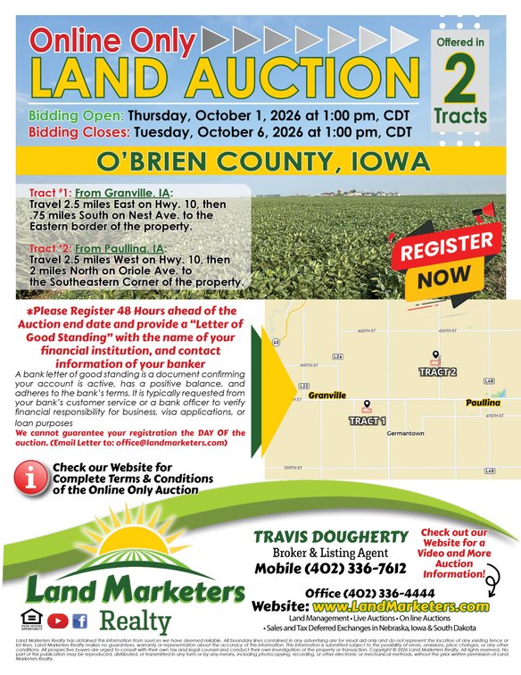 Image for O'Brien County, IA Online Land Auction. Offered in 2 Tracts