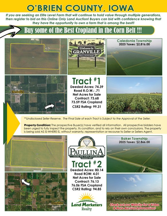 Image for O'Brien County, IA Online Land Auction. Offered in 2 Tracts