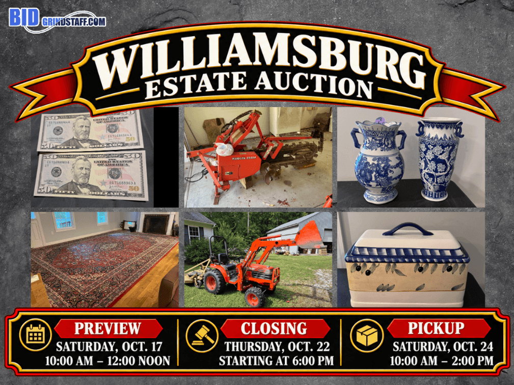 Image for Williamsburg Estate Auction – Kubota Tractor, Tools, Silver, Coins & Collectibles