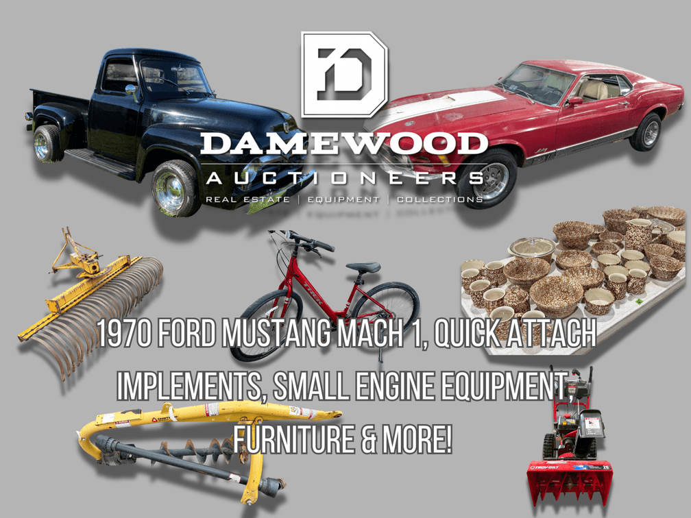 Image for 1970 Ford Mustang Mach 1, Quick Attach Implements, Small Engine Equip. Oak Furniture, Longaberger Baskets, Antiques & More! - Bid Online & In-Person