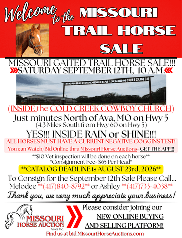 Image for Missouri Horse Auction AVA TRAIL HORSE SALE- SATURAY, SEPTEMBER 12TH, 2026