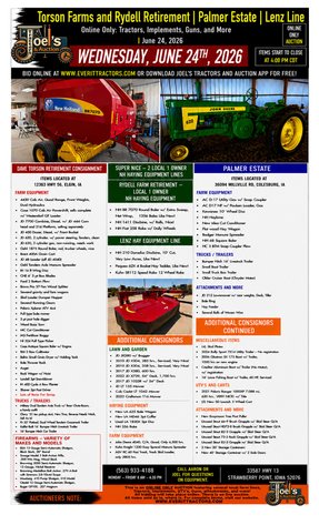 Image for Torson Farms and Rydell Retirement | Palmer Estate | Lenz Line | Online Only: Tractors, Implements, Guns, and More | June 24, 2026