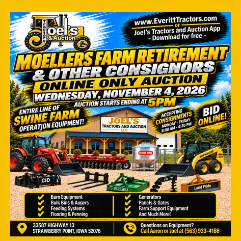 Image for November 4, 2026 |  Moellers Farm Retirement & Other Consignors Online Only Auction | Starts Ending at 5:00 PM CST