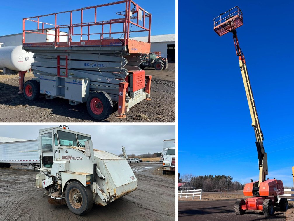 Elgin Pelican Street Sweeper, JLG Man Lift, Skyjack Scissor Lift, & Construction Supplies