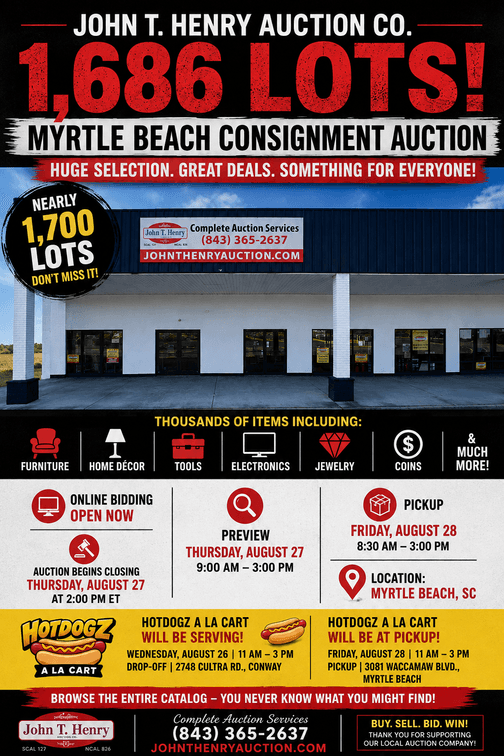 Image for 167918 -8/27/2026 - MYRTLE BEACH CONSIGNMENT AUCTION – 1,686 LOTS!