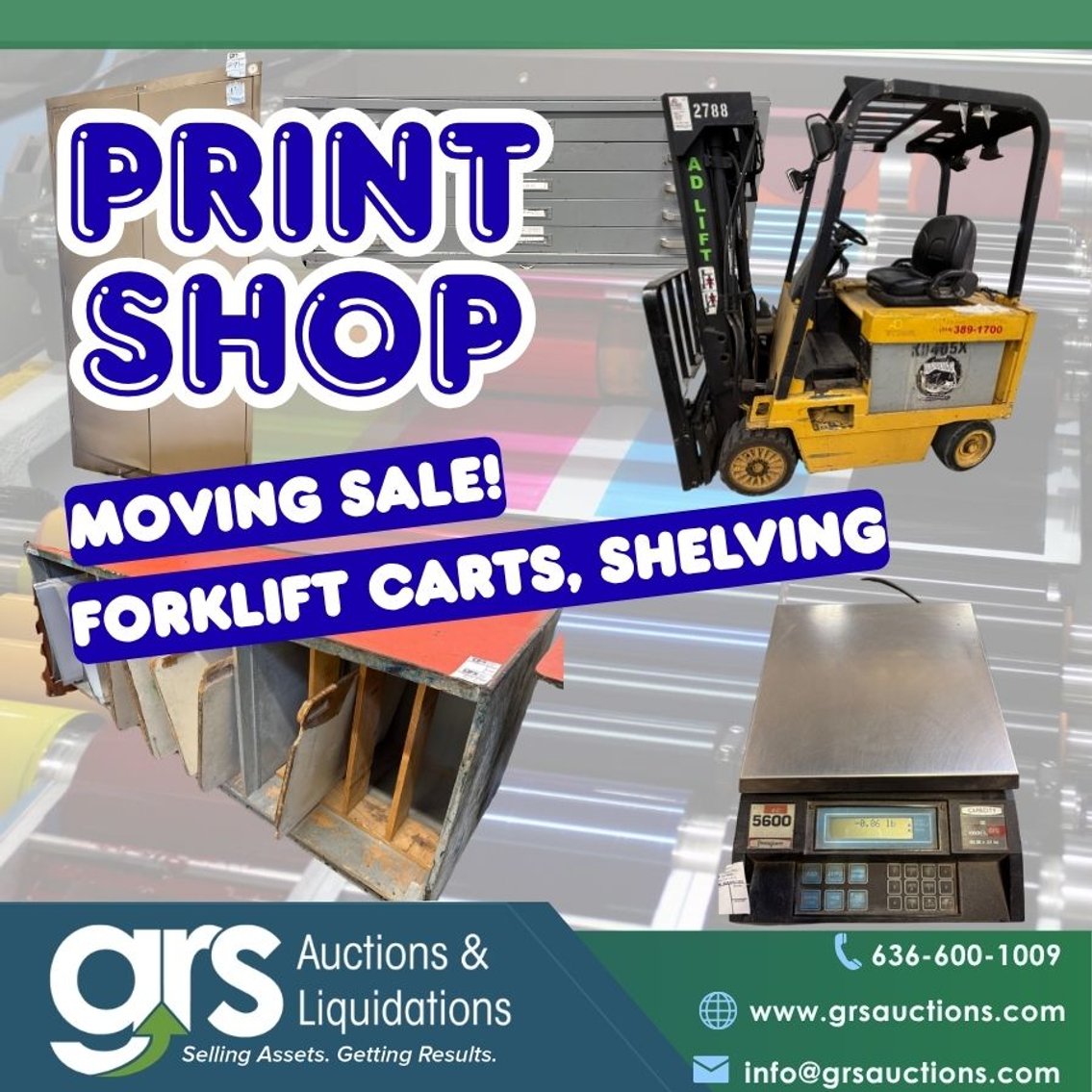BREEVES Print Shop Moving Sale - Fork Lift, Worktables & Shelving