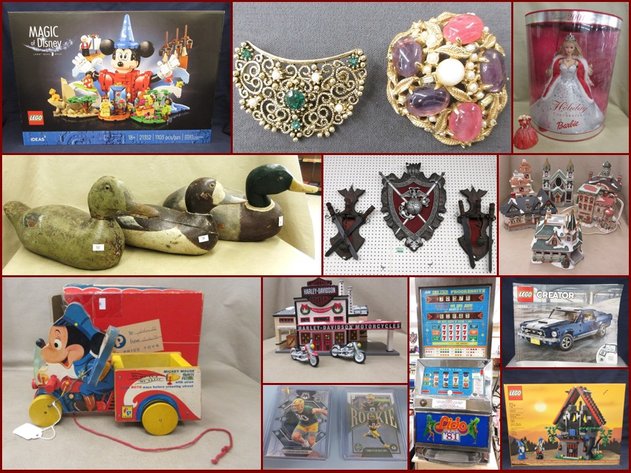 Legos, Crafting, Slot Machines, Duck Decoys and Antiques (mint green tag)