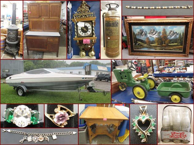 Bayliner Boat, Pedal Tractor, Sterling Silver and Antiques (pink tag)