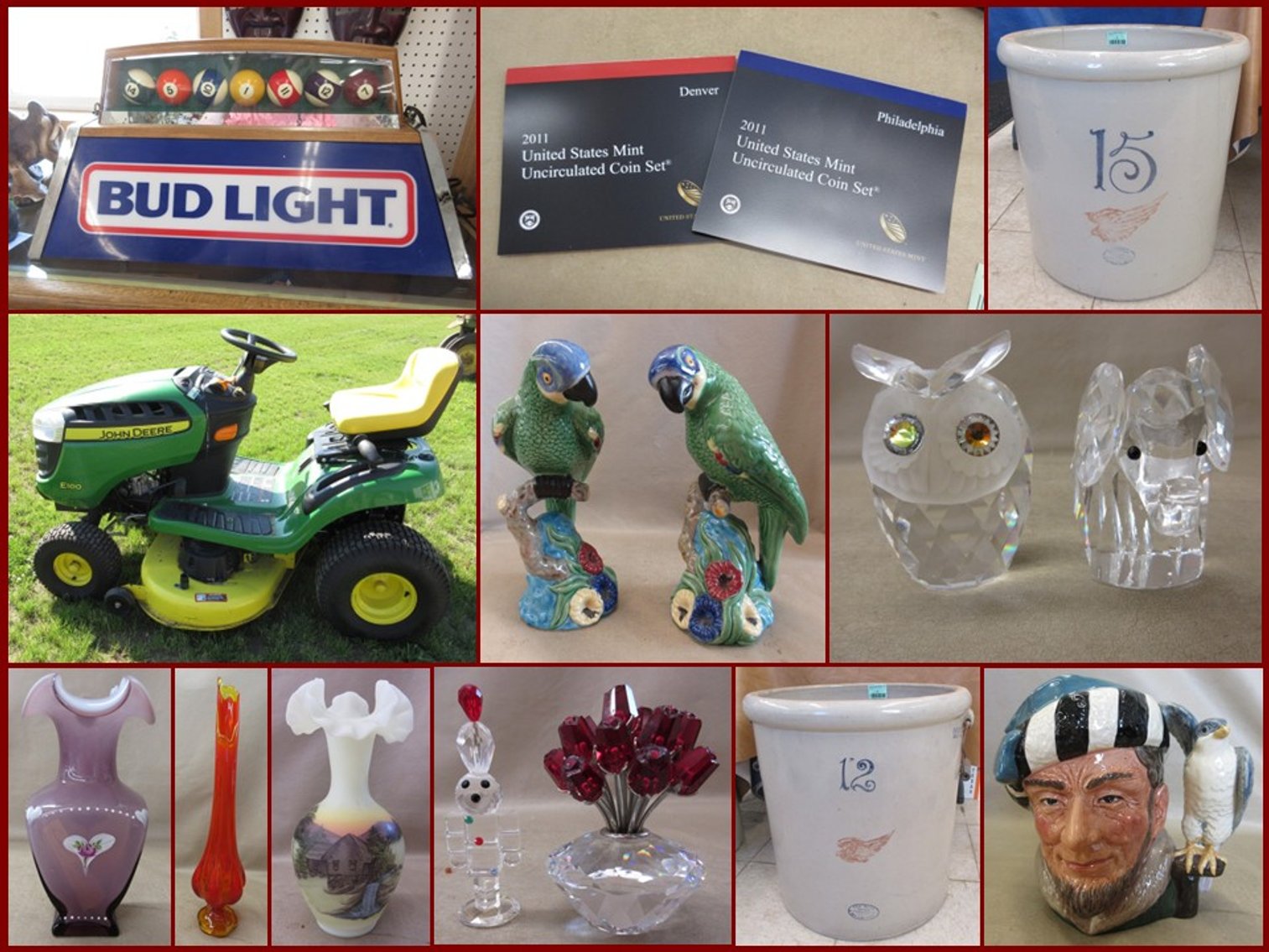 Image for John Deere Mower, Beer Light, Crocks,  Jewelry and Collectibles (green tag)