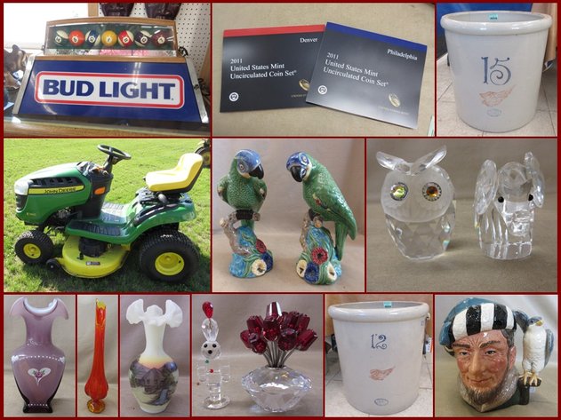 John Deere Mower, Beer Light, Crocks,  Jewelry and Collectibles (green tag)