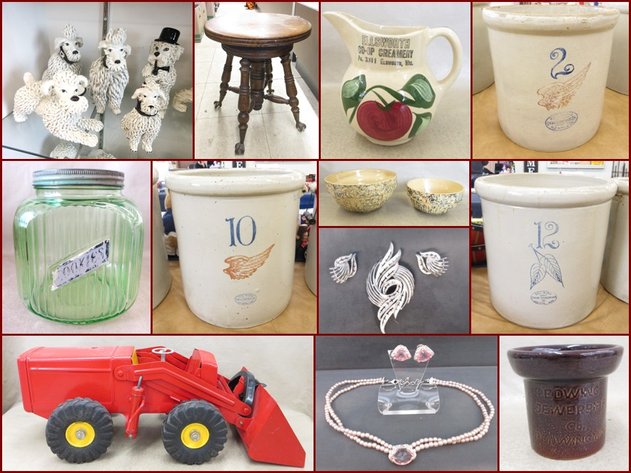 Stoneware Crocks, Noodle Poodles, Jewelry and Collectibles (mint green tag)