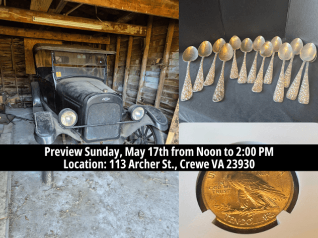 Image for Crewe VA Estate Auction | 1924 Chevrolet, Gold, Sterling, Antiques & Victorian Estate Treasures