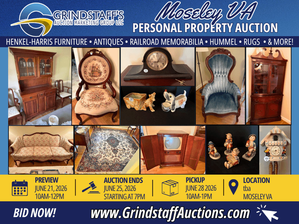 Image for Moseley, VA Estate Auction | Antiques, Henkel-Harris, Railroad Collectibles & Fine Furnishings