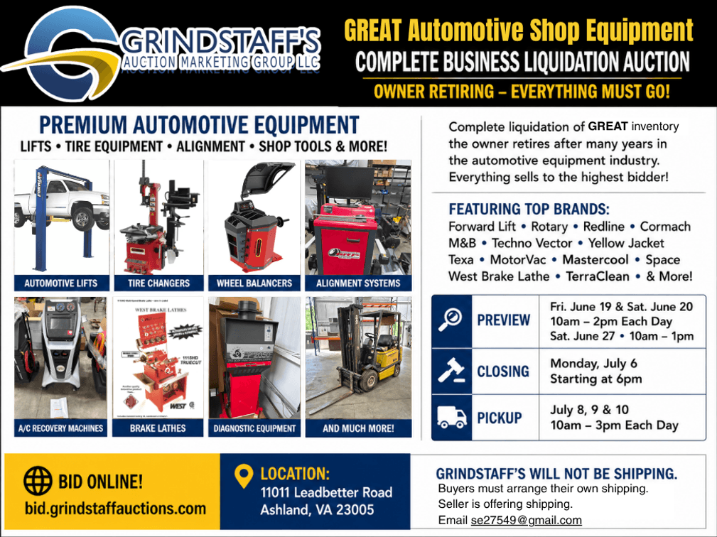 Image for GREAT Automotive Shop Equipment Complete Business Liquidation Auction | Owner Retiring | Automotive Equipment, Lifts, Tire Changers & Shop Equipment