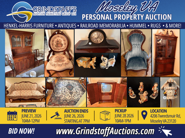 Image for Moseley, VA Estate Auction | Antiques, Henkel-Harris, Railroad Collectibles & Fine Furnishings