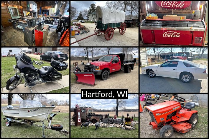 Image for Harley Motorcycle, Boats, Ford Dump Truck, Studebaker Fountain, Camaro, Large Collection of Vintage & Unique Items - Hartford, WI