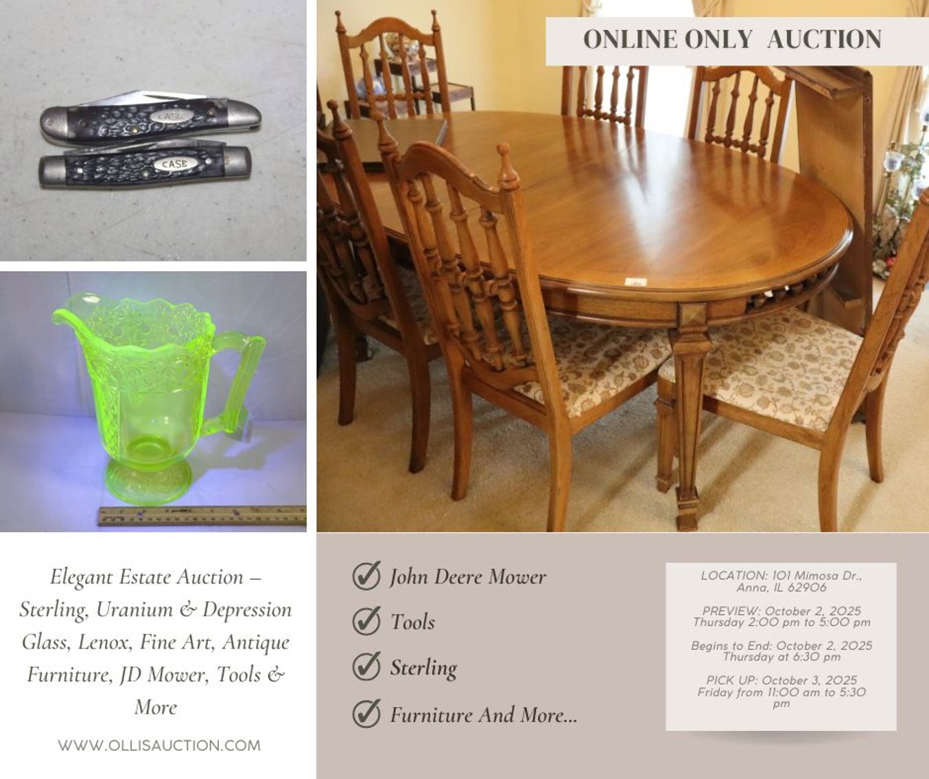 Image for Elegant Estate Auction – Sterling, Uranium & Depression Glass, Lenox, Fine Art, Antique Furniture, JD Mower, Tools & More
