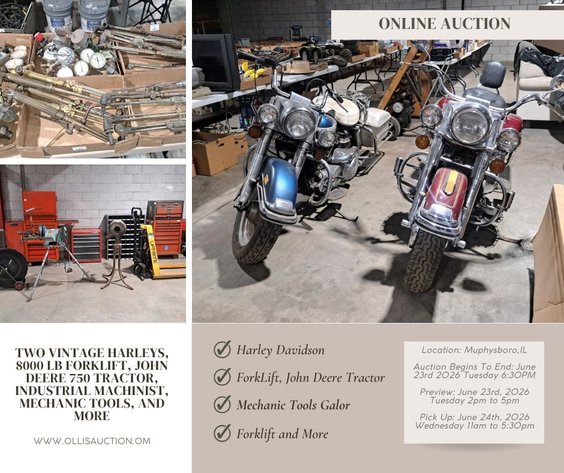 Image for Two Vintage Harleys, 8000 lb. Forklift, John Deere 750 Tractor, Industrial Machinist, Mechanic Tools, And More