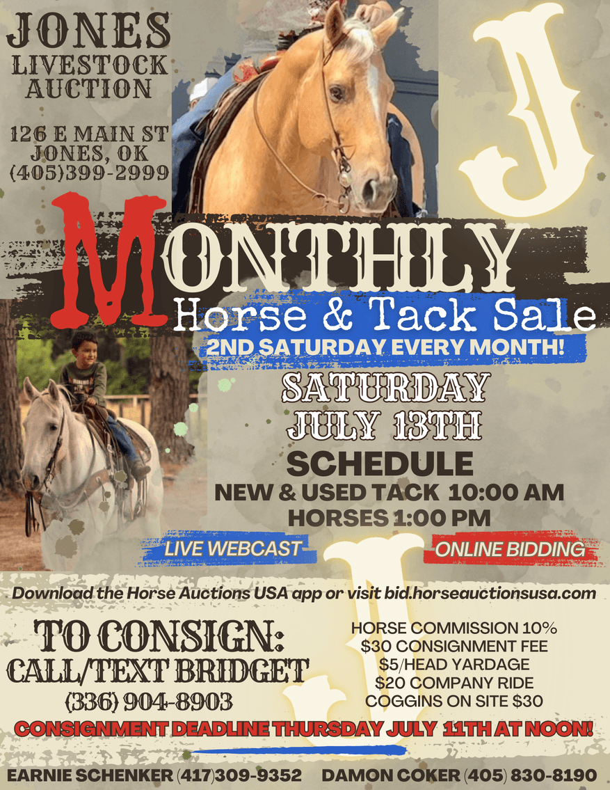 Image for Jones Livestock Auction MONTHLY HORSE & TACK SALE!   Saturday, July 13th!