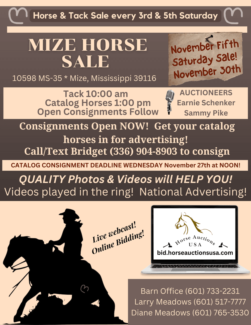Image for Mize Horse Sale  SATURDAY NOVEMBER 30TH - Mize, Mississippi