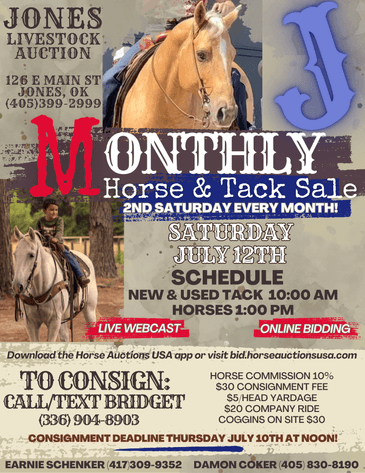 Image for Jones Livestock Auction MONTHLY HORSE & TACK SALE!   SATURDAY, JULY 12TH!