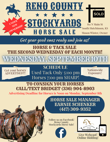 Image for Reno County Stockyards Horse Sale WEDNESDAY, SEPTEMBER 10TH - South Hutchinson, KS