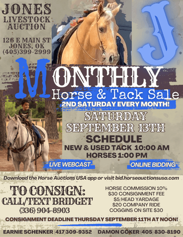 Image for Jones Livestock Auction MONTHLY HORSE & TACK SALE!   SATURDAY, SEPTEMBER 13TH!
