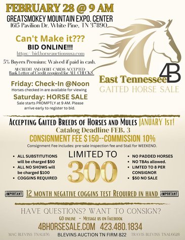 Image for East Tennessee 4B Gaited Horse Sale  White Pine, Tennessee - February 28th