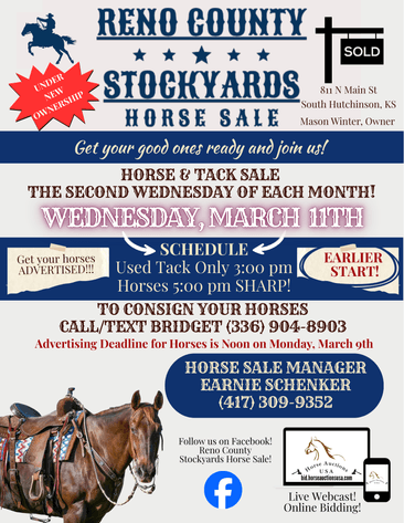 Image for Reno County Stockyards Horse Sale WEDNESDAY, MARCH 11TH - South Hutchinson, KS
