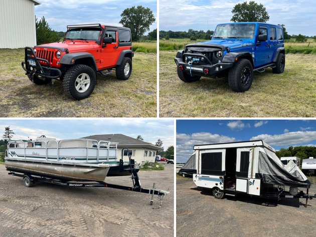 Image for (2) Jeep Wranglers, Madsen 20' Pontoon, (2) Popup Campers, Electrical Surplus, Wizard of Oz Collectibles, Tools & More (147014)