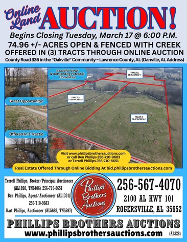 Image for SOLD!!!  ONLINE LAND AUCTION!  74.96 Acres+/- fenced with creek near 